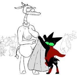 anthro armor awkward bedding big_breasts black_body black_fur blanket bodily_fluids breasts cape clothing covering covering_eyes covering_face cowboy_hat crown cybernetic_limb cybernetics embarrassed embarrassing_nudity feathers female frill_(anatomy) fur genitals group hat headgear headwear helmet looking_away machine male membrane_(anatomy) membranous_wings nipples nude scales shortstack shortstack_male simple_background size_difference smile sweat vulva wings the_weaver cartoon_network mao_mao:_heroes_of_pure_heart adorabat badgerclops boss_hosstrich coby_(mao_mao) orangusnake ramaraffe ratarang sheriff_mao_mao_mao tanner_(mao_mao) ape avian badger bat bird cobra cyborg domestic_cat felid feline felis giraffe giraffid haplorhine mammal murid murine mustelid musteline orangutan ostrich primate rat ratite reptile rodent scalie snake 2025 comic line_art
