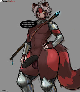 anthro armor balls biped black_penis dialogue erection femboy fur genitals grey_background hair hand_on_hip humanoid_genitalia humanoid_penis male markings penis red_body red_fur ring_(marking) ringed_tail sabatons simple_background solo speech_bubble staff standing striped_markings striped_tail stripes tail tail_markings text thick_thighs unconvincing_armor white_hair wide_hips remilust ailurid mammal red_panda english_text hi_res