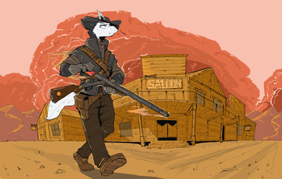 ammo_belt ammunition anthro belt belt_pouch boots clothing double_barrel_shotgun feather_hat footwear gloves gun gun_smoke handwear hat headgear headwear holding_gun holding_object holding_ranged_weapon holding_shotgun holding_weapon jacket loading_gun looking_forward male ranged_weapon shoes shotgun smoke solo tail topwear weapon wearing_hat mawkvlt absurd_res hi_res