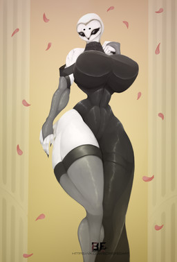 anthro armwear big_breasts black_clothing black_dress breasts clothing dress facial_scar female huge_breasts legwear low-angle_view nails nipple_outline non-mammal_breasts petals scar sharp_nails small_waist solo thick_thighs wide_hips borisfed noksa_(borisfed) avian bird owl hi_res