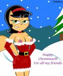 anthro armwear belt breasts christmas clothed clothing collar darkdpx3 digital_media_(artwork) domestic_cat elbow_gloves english_text felid feline felis female gloves hair handwear hi_res holiday_message holidays kitty_katswell looking_at_viewer mammal nickelodeon nipples outside snow snowing solo t.u.f.f._puppy text topless unknown_artist