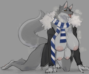 6_breasts all_fours anthro biped bodily_fluids bottomless bottomless_anthro bottomless_female breasts breath claws clothed clothing crossgender digitigrade female female_anthro finger_claws fur grey_body grey_breasts grey_fur heart_symbol jacket kemono mtf_crossgender multi_breast nipples pawpads paws saliva saliva_string scarf solo toe_claws topwear yellow_eyes lvlirror ember_(november) november canid canine canis mammal wolf 2022 digital_media_(artwork) full-length_portrait hi_res portrait