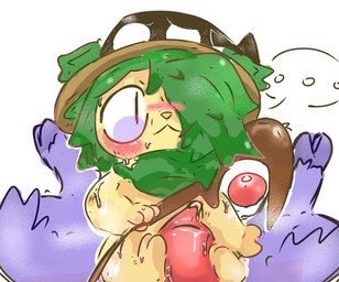 4_fingers ambiguous_gender animal_genitalia animal_penis blush blush_lines bodily_fluids clothing dripping duo feet feet_on_penis feral fingers foot_fetish foot_play footjob fur genitals green_body green_fur green_hair green_scarf hair hair_over_eye hat headgear headwear holding_object hooves looking_down magic male male/ambiguous nervous penile penis pink_penis pupils purple_body purple_fur scarf sex size_difference slit_pupils staff sweat sweatdrop witch_hat yellow_body craoluck roco_kingdom unknown_species hi_res