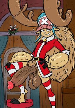 anthro antlers balls bedroom_eyes bell bell_collar big_balls big_penis bodily_fluids bottomless bottomless_anthro bottomless_male brown_balls brown_penis christmas_clothing clothed clothing collar dripping erection footwear fur genital_fluids genitals glans hair half-closed_eyes holidays hooves horn huge_balls huge_penis humanoid_genitalia humanoid_penis legwear male mistletoe narrowed_eyes penis pink_glans plant precum precum_drip precum_string seductive slim slim_anthro slim_male smile smirk smug smug_face smug_grin socks solo stirrup_legwear stirrup_stockings stockings tan_body tan_fur tan_hair toeless_footwear toeless_legwear toeless_socks toeless_stockings unguligrade vein veiny_penis winter_hat ghastlygh christmas one_piece tony_tony_chopper tony_tony_chopper_(horn_point_form) deer mammal new_world_deer reindeer hi_res