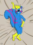 anthro bed blue_body blue_fur brown_eyes claws fur furniture looking_at_viewer lying male on_back on_bed simple_background smile solo yellow_body yellow_fur scuzzyfox mammal mephitid skunk 2017 3:4 absurd_res hi_res shaded