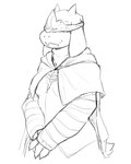 anthro cape clothing fangs female horn long_ears mask solo teeth unknown_artist dark_souls fromsoftware undertale undertale_(series) firekeeper toriel boss_monster_(undertale) mammal black_and_white monochrome sketch source_request