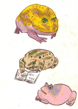 ambiguous_gender book feral green_body green_eyes grey_body group pink_body pink_eyes reading reading_book simple_background tan_body white_background yellow_body yellow_eyes osier_forest amphibian frog species_request 2023 hi_res sketch_page