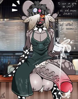 accessory anthro apron armwear ball_tuft balls bedroom_eyes big_balls big_penis blush blush_lines bodily_fluids clothing collar container cum cum_drip cum_in_a_cup cum_in_container cup curved_horn dialogue dripping elbow_gloves erection fangs freckles genital_fluids genitals gloves hair hair_over_eye half-closed_eyes handwear headband holding_container holding_cup holding_object horn huge_balls huge_penis humanoid_genitalia humanoid_penis hyper hyper_balls hyper_genitalia hyper_penis legwear male markings narrowed_eyes one_eye_obstructed open_mouth penis pubes scales seductive solo spiked_collar spikes spots spotted_body spotted_scales stockings studded_collar studs teeth text tuft vein veiny_penis mrt0ony i_mean_breast_milk starbucks enko_(mrt0ony) kobold scalie english_text french_text hi_res meme translated