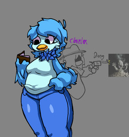 anthro blue_body blue_fur book chest_tuft female fur gun handgun looking_down male pistol ranged_weapon thick_thighs tuft weapon clovedex undertale_yellow martlet_(undertale_yellow) avian