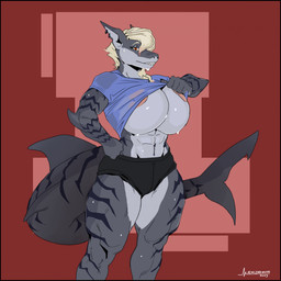 5_fingers abs abstract_background anthro areola areola_slip big_areola big_breasts big_tail black_body black_bottomwear black_clothing black_hotpants black_shorts black_stripes black_tail blonde_eyebrows blonde_hair blue_clothing blue_shirt blue_t-shirt blue_topwear bodily_fluids bottomwear breasts brown_eyes clothed clothing countershade_face countershade_legs countershade_neck countershade_tail countershading curved_eyebrows ear_piercing ear_ring eyebrows eyelashes female fin fingers glistening glistening_eyelids glistening_eyes grey_body grey_eyelids grey_tail hair hand_on_hip hand_on_own_hip hotpants huge_breasts humanoid_hands long_eyelashes looking_at_viewer multicolored_body multicolored_tail muscular muscular_anthro muscular_female muscular_thighs non-mammal_breasts piercing pink_areola pupils raised_clothing raised_shirt raised_topwear ring_piercing sharp_teeth shirt short_hair shorts snout solo standing straight_legs striped_body stripes sweat t-shirt tail tail_fin teeth thick_neck thick_tail thick_thighs topwear translucent translucent_clothing translucent_topwear white_body white_countershading mainlinemojo daria_(tunesdesu) aquatic fish shark 2023 dated digital_drawing_(artwork) digital_media_(artwork) hi_res portrait signature three-quarter_portrait