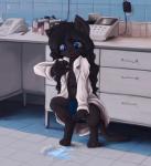 anthro blue_eyes clothed clothing crouching female hair inside long_hair open_mouth solo darkstylerz domestic_cat felid feline felis mammal