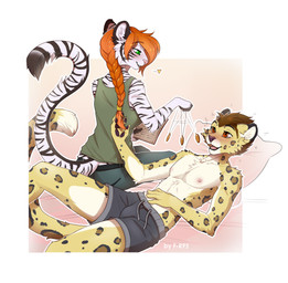anthro book bottomwear brown_eyes brown_hair butt clock clothed clothing duo female fur green_eyes hair hypnosis male markings mind_control nipples open_mouth pink_nose purple_nose red_hair shorts simple_background smile spots spotted_body spotted_fur stripes watch white_body white_fur f-r95 ash_(ashkelling) keilani felid leopard mammal pantherine tiger 2017 digital_media_(artwork) hi_res shaded smaller_version_at_source