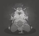 anthro aroused balls bdsm belly big_balls big_moobs bodily_fluids bondage bound cempasuchil_(character) claws clothing dripping genital_fluids genitals hair jockstrap leaking_precum long_hair looking_at_viewer male markings moobs nipples on_ground paws ponytail precum precum_drip scared shaking solo submissive tattoo tremble_spikes trembling underwear white_clothing white_jockstrap white_underwear tonkotsu_spicy_noodle canid canine canis coyote mammal hi_res