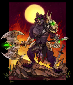 abs anthro axe ball_tuft balls battle_axe black_claws black_nipples black_nose black_tongue cheek_tuft chest_tuft claws erection facial_tuft fangs fire front_view fur genitals green_eyes holding_axe holding_object humanoid_genitalia humanoid_penis hybrid_genitalia hybrid_penis knot knotted_humanoid_penis knotted_penis leg_tuft male melee_weapon moon muscular muscular_anthro muscular_male navel nipples open_mouth pecs penis pubes purple_body purple_fur rock saggy_balls solo standing sword teeth tongue tuft weapon chumbasket canid canine mammal full-length_portrait hi_res portrait