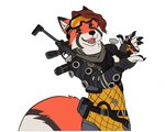 anthro black_nose brown_eyes brown_hair clothed clothing figurine fur grey_clothing grey_markings gun hair holding_object looking_at_viewer male markings no_pupils open_mouth open_smile orange_body orange_fur ranged_weapon simple_background smile solo weapon white_background white_body white_fur yellow_clothing martinballamore apex_legends electronic_arts respawn_entertainment mirage_(apex_legends) canid canine mammal