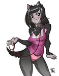 anthro black_hair breasts brown_eyes cleavage clothed clothing collar colored_edge_panties cute_fangs female fur hair leash offering_leash panties pink_clothing pink_panties pink_underwear shirt simple_background solo tank_top topwear underwear white_background dalehan canid canine canis domestic_dog mammal