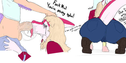 anthro balls big_balls big_butt big_penis blonde_hair blue_eyes bodily_fluids bone_frill boots bottomwear bottomwear_down brown_boots brown_clothing brown_footwear bubble_butt butt clothed clothing denim denim_bottomwear denim_clothing dialogue duo elbow_feathers erection feathered_tail feathers fellatio female footwear frill_(anatomy) genital_fluids genitals hair hair_grab huge_butt huge_penis humanoid_genitalia humanoid_penis jacket jeans long_hair long_tail magenta_body magenta_scales makeup male male/female mascara multicolored_body multicolored_scales oral oral_penetration pants pants_down partially_clothed penetration penile penis purple_body purple_feathers red_clothing red_jacket red_topwear running_makeup running_mascara saliva saliva_on_balls saliva_on_penis saliva_string scales sex shoes snout spiked_tail spikes spikes_(anatomy) tail tan_body tan_scales text tongue tongue_out tongue_out_fellatio topwear touching_hair two_tone_body two_tone_scales vaginal_fluids vaginal_fluids_through_clothing vein veiny_penis wet wet_clothing white_body white_scales wide_hipped_anthro wide_hipped_female wide_hips ratherdevious cavemanon_studios goodbye_volcano_high i_wani_hug_that_gator ko_op_(game_developer) mia_moretti sage_(gvh) dinosaur dromaeosaurid feathered_dinosaur feathered_scalie hadrosaurid microraptor ornithischian ornithopod parasaurolophus prehistoric_species reptile saurischian scalie theropod 2025 absurd_res digital_media_(artwork) english_text flat_colors hi_res