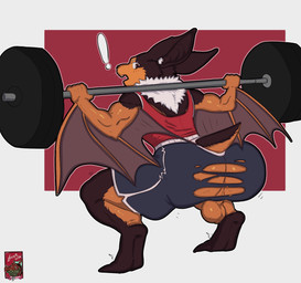 anthro backsack balls barbell big_butt big_ears bottomwear brown_body brown_fur butt clothing fur furgonomics genitals hole_in_pants hotpants looking_back male membrane_(anatomy) membranous_wings orange_body orange_fur pants_ripping shirt shorts solo squats surprised tank_top topwear wardrobe_malfunction wings grizzledcroc koscho bat hybrid mammal mouse murid murine rodent hi_res