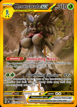 anthro big_breasts breasts clitoris detailed_background female fur genitals green_body looking_at_viewer nipples pink_nipples red_eyes solo text trading_card trading_card_game trading_card_template vulva dragonantojos rarikoo_(modeler) nintendo pokemon meowscarada_(rarikoo) felid feline generation_9_pokemon mammal meowscarada pokemon_(species) 3d_(artwork) absurd_res digital_media_(artwork) english_text hi_res