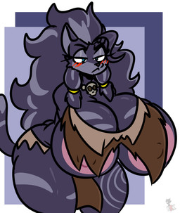 anthro areola big_breasts black_body blush blush_stickers bottomwear breasts cleavage clothed clothing female huge_breasts hyper hyper_breasts loincloth loincloth_only multicolored_body nipples simple_background solo topless kingretrokirby uma_(darksheep46) canid canine mammal hi_res