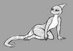 3_toes 4_fingers anthro butt countershade_tail countershade_torso countershading feet female fingers frill_(anatomy) hand_on_ground hand_on_knee hand_on_leg kneeling long_tail looking_away narrowed_eyes pose simple_background solo stripes tail thick_tail toes tangylizard lynn_(tangylizard) lizard reptile scalie greyscale hi_res monochrome pinup