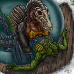 alcohol_bottle anthro beverage_bottle bottle breasts breath clothing container duo female grinding high-angle_view hot_tub larger_female logo_on_clothing male male/female non-mammal_breasts scar size_difference smaller_male snow swimwear tail tongue tongue_out water lokidragon87 jurassic_park jurassic_world universal_studios dinosaur dromaeosaurid prehistoric_species reptile saurischian scalie spinosaurid spinosaurus theropod 1:1 absurd_res hi_res