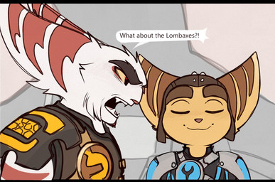 angry anthro armor cheek_tuft clothed clothed_male clothing dialogue duo eyes_closed facial_tuft fur male open_mouth pink_nose smile text tuft white_body white_fur yelling yellow_body yellow_eyes yellow_fur time_fluffy500 ratchet_and_clank sony_corporation sony_interactive_entertainment alister_azimuth ratchet_(ratchet_and_clank) lombax mammal english_text