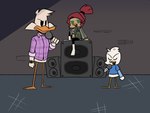 4_fingers anthro beak biped bottomless clothed clothing electronics feathers female fingers group hair holding_microphone holding_object male microphone ponytail red_hair sitting standing trio white_body white_feathers young shinsgarbages darkwing_duck disney ducktales ducktales_(2017) friday_night_funkin' dewey_duck drake_mallard gosalyn_waddlemeyer anatid anseriform avian bird duck 2021 full-length_portrait hi_res portrait