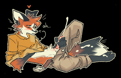 anthro belt blush bodily_fluids bottomwear bottomwear_down clothed clothing cum cum_on_self cum_on_tail cumshot ejaculation erection genital_fluids looking_pleasured lying male masturbation on_back pants pants_down partially_clothed penile penile_masturbation shirt simple_background solo tail topwear serpent_x canid canine fox mammal 14:9