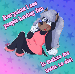 anthro black_body black_fur black_nose brown_snout clothing colorful_background cosmic_background dress female footwear fur glistening glistening_eyes glistening_hair gloves grey_eyes grey_hair hair handwear open_mouth open_smile pink_clothing pink_dress pink_footwear pink_shoes shoes smile solo sparkles sparkling_eyes star starry_background tail text white_clothing white_gloves white_handwear saltypupcake canid canine canis domestic_dog mammal digital_media_(artwork) english_text hi_res