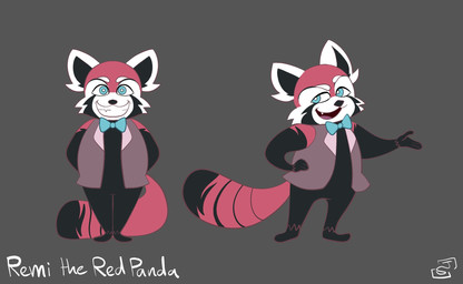 alternate_universe anthro biped black_body black_fur bottomless bottomless_anthro bow_tie clothed clothing dipstick_tail eyebrows fangs featureless_crotch fluffy fluffy_tail front_view fur gesture gloves_(marking) looking_at_viewer male markings multicolored_ears multicolored_face pupils red_body red_fur simple_background smile smirk solo standing striped_markings striped_tail stripes tail tail_markings teeth text toony toothy_grin topwear unusual_eyes vest white_pupils jakeneutron indigo_park fan_character remi_(jakeneutron) ailurid mammal red_panda 2025 english_text hi_res model_sheet signature story story_at_source story_in_description