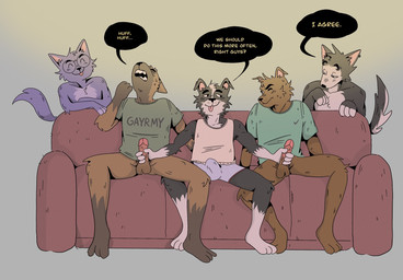 3_toes anthro balls barefoot being_watched bottomless bros_being_bros bulge clothed clothing dialogue double_handjob erection eyewear feet furniture genitals glasses group handjob humanoid_genitalia humanoid_penis looking_at_another looking_pleasured male male/male paws penile penis plantigrade sex shirt sofa t-shirt tank_top text toes topwear underwear glassesdumpster canid canine canis domestic_cat domestic_dog felid feline felis mammal english_text hi_res