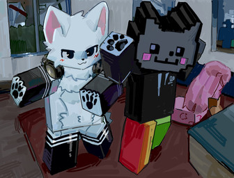 anthro arm_warmers armwear clothing duo electronics headphones legwear male stockings redfoxrice1145 boy_kisser_(meme) roblox felid feline mammal hi_res meme