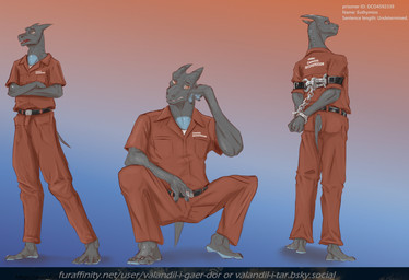 3_toes anthro barefoot bound captured chain chained clothed clothing countershade_feet countershading cuff_(restraint) feet fully_clothed hands_behind_back leather leather_cuffs looking_back male plantigrade prison_uniform prisoner restraints science_fiction shackles solo submissive submissive_male text toes valandil-i-gaer-dor kobold reptile scalie hi_res url