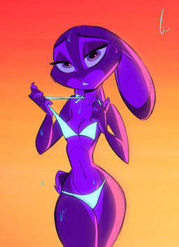 anthro bedroom_eyes bikini bikini_bottom bikini_pull bikini_top breasts cleavage clothed clothing clothing_pull ears_down female gradient_background looking_at_viewer narrowed_eyes pivoted_ears seductive simple_background solo standing swimwear swimwear_pull two-piece_swimsuit under_boob wet wide_hipped_female wide_hips birchly disney zootopia judy_hopps lagomorph leporid mammal rabbit 2021 absurd_res hi_res portrait three-quarter_portrait