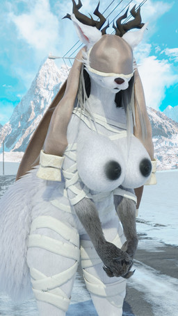 anthro areola bandage bandaged_arm bandaged_leg big_breasts black_areola black_arms black_nipples blindfold blue_sky breasts claws cloud day female female_anthro fluffy fluffy_tail fur grey_hair hair interlocked_fingers long_hair looking_at_viewer mountain nipples outside sky smile smiling_at_viewer snow solo street_lamp tail thick_thighs white_body white_fur wide_hips mrs_dexie furromantic_(modeler) bloodborne fromsoftware mythology sony_corporation sony_interactive_entertainment vicar_amelia beast_(bloodborne) canid canine mammal mythological_canine mythological_creature werecanid werecanine werecreature werewolf 2025 3d_(artwork) 9:16 absurd_res digital_media_(artwork) hi_res