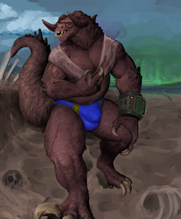 anthro biped bone bulge clothing detailed_bulge eyewear glasses male male_anthro musclegut muscular muscular_anthro muscular_male outside skull solo speedo swimwear azathura fallout microsoft deathclaw scalie hi_res