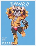 4_fingers animal_print anthro blue_background border bulge clothing fingers gloves grin handwear holidays legwear looking_at_viewer male on_one_leg pajamas paw_gloves rawr simple_background smile solo standing text tiger_print underwear white_border young young_anthro rb chinese_zodiac new_year new_year_2022 year_of_the_tiger scotty_kat mammal mephitid skunk 2022 english_text hi_res