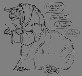 ambiguous_gender broken_horn clawed_hands claws cloak clothed clothing grey_background horn simple_background solo speech_bubble standing text toe_claws wearing_cloak esuerc fallout microsoft goris_(fallout) deathclaw scalie english_description english_text monochrome signature sketch male_(lore)