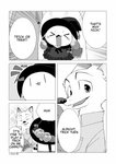 alternate_version_at_source anthro canid canine clothing comic costume dialogue disney duo english_text fox fur halloween halloween_costume hard_translated hat headgear headwear hi_res holidays judy_hopps lagomorph leporid mammal monochrome nick_wilde open_mouth open_smile rabbit red_fox rikuo_(artist) smile speech_bubble text third-party_edit translated true_fox vertical_bar_eyes witch_hat zootopia