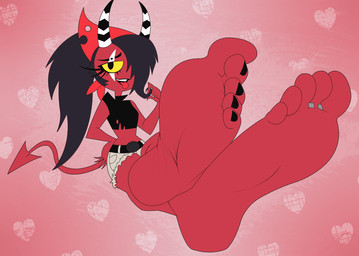 barefoot black_nails colored_nails feet female foot_fetish horn humanoid_feet nails plantigrade red_body soles solo spade_tail tail toes tongue yellow_sclera rtuenuik2 hellaverse helluva_boss sallie_may_(helluva_boss) demon demon_humanoid humanoid imp trans_(lore) trans_woman_(lore)