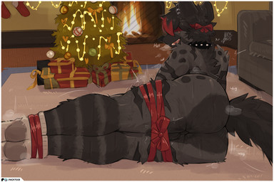 anthro backsack balls bdsm big_butt black_body black_fur black_hair bondage bound butt christmas_present christmas_tree clothing collar fire fireplace footwear footwear_only fur genitals gift gift_wrapped grey_body grey_fur hair holidays lying male mostly_nude on_side plant presenting presenting_hindquarters ribbon_bondage ribbons socks socks_only solo spiked_collar spikes tree nick7005 christmas hyena mammal striped_hyena 3:2 hi_res