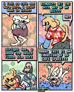 4_panel_comic aloha_shirt annoyed anthro bottomwear bow_tie cheek_spots clothing combover dialogue doctor ears_down eyes_closed eyewear flip_flops floppy_ears footwear fur glasses group half-closed_eyes humor male narrowed_eyes overalls pattern_clothing pattern_shirt pattern_topwear pawpads paws pink_pawpads pivoted_ears sandals shirt shoes shorts smile speech_bubble tan_body tan_fur teeth text tooth_gap topwear trio white_body white_fur yellow_body yellow_fur rawdawgcomics bingus_(rawdawgcomics) stahli_(rawdawgcomics) bird_dog canid canine canis domestic_dog golden_retriever hunting_dog lagomorph leporid mammal rabbit retriever 4:5 comic english_text hi_res