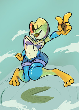 action_pose anthro blue_body blue_bottomwear blue_clothing blue_shorts blue_skin bottomwear breasts clothed clothing denim denim_bottomwear denim_clothing denim_shorts female gloves_(marking) green_body green_clothing green_shirt green_skin green_topwear leg_markings lily_pad markings multicolored_body multicolored_skin navel one_eye_closed open_mouth pattern_clothing pattern_shirt pattern_topwear plant pose purple_clothing purple_shirt purple_topwear red_eyes shirt shorts socks_(marking) solo striped_clothing striped_shirt striped_topwear stripes tongue topwear under_boob yellow_body yellow_clothing yellow_shirt yellow_skin yellow_topwear ream_n_cream lania_(hidrobandis) amphibian frog 2023 hi_res