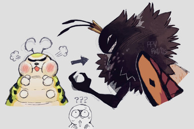 2_antennae ambiguous_feral ambiguous_gender angry antennae_(anatomy) anthro black_antennae black_nose blush bodily_fluids crown directional_arrow eyebrows eyeless eyespots feral grin head_tuft headgear insect_wings lepidopteran_wings markings multicolored_wings open_mouth orange_wings overweight overweight_feral ruff simple_background smile solo surprised sweat teeth toothy_grin tuft white_background white_body wings young young_ambiguous young_feral ppyrams disney hoppers_(disney) pixar titus_(hoppers) arthropod butterfly caterpillar insect larva lepidopteran monarch_butterfly 2026 cel_shading digital_media_(artwork) hi_res shaded signature