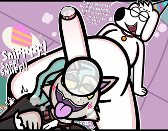 anthro ball_sniffing balls blue_hair bodily_fluids clothing collar duo fur genital_fluids genitals grey_body grey_fur hair hat headgear headwear male male/male party_hat penis precum red_collar sniffing white_body white_fur yellow_eyes conditional_dnp mykendyke family_guy brian_griffin raaf_helder_(character) canid canine mammal absurd_res hi_res