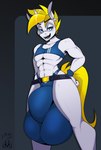 abs anthro balls belt big_balls big_bulge blonde_hair blue_eyes bulge clothing crop_top genitals hair horn huge_balls huge_bulge hyper hyper_balls hyper_bulge hyper_genitalia male shirt solo tank_top topwear underwear wristband jrvanesbroek hasbro my_little_pony mythology fan_character white_heart_(oc) equid equine mammal mythological_creature mythological_equine unicorn hi_res