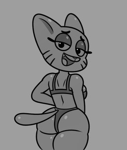 anthro bare_shoulders bedroom_eyes bent_arm big_breasts big_butt big_ears big_eyes biped bra breasts bulging_breasts butt clothed clothed_anthro clothed_female clothing curved_eyebrows eyebrows eyelashes fangs female fur glistening glistening_body glistening_breasts glistening_butt glistening_ears glistening_eyelids glistening_eyes glistening_face glistening_fur glistening_legs glistening_shoulders glistening_tail glistening_thighs half-closed_eyes head_turned iris legs_together long_eyelashes looking_at_another looking_back looking_back_at_another markings mature_anthro mature_female narrowed_eyes no_pupils open_mouth open_smile panties pointy_ears pose prick_ears round_eyes seductive smile smiling_at_viewer snout solo standing tail teeth thick_thighs three-quarter_view tongue underwear whisker_markings 4chan_anon unknown_artist cartoon_network the_amazing_world_of_gumball nicole_watterson domestic_cat felid feline felis mammal 2025 digital_drawing_(artwork) digital_media_(artwork) greyscale monochrome pinup portrait three-quarter_portrait