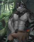 anthro arm_hair body_hair bottomwear bulge chest_hair clothing hairy loincloth looking_at_viewer male manly muscular muscular_anthro muscular_male purple_eyes smile solo tribal taki_kaze alex_nightmurr canid canine canis mammal wolf absurd_res hi_res story story_in_description