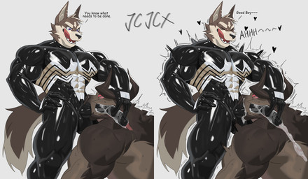 2_horns anthro anthro_on_anthro anthro_penetrated anthro_penetrating anthro_penetrating_anthro big_penis black_latex bodily_fluids bodysuit brown_body brown_fur clothed clothed_sex clothing cum cum_in_mouth cum_inside deep_throat dialogue duo face_fucking fluffy fluffy_tail fur genital_fluids genitals good_boy heart_symbol horn internal irrumatio latex latex_bodysuit latex_clothing latex_skinsuit male male/male male_penetrated male_penetrating male_penetrating_male multicolored_body multicolored_bodysuit multicolored_clothing multicolored_fur multicolored_skinsuit muscular muscular_anthro muscular_male nipple_outline oral oral_penetration penetration penile penis penis_in_mouth purple_eyes sex skinsuit tail tan_body tan_fur text tight_clothing tongue tongue_out two_tone_body two_tone_bodysuit two_tone_clothing two_tone_fur two_tone_skinsuit white_latex x-ray_view cxcxxcxxxx fallout marvel microsoft venom_(marvel) canid canine deathclaw mammal scalie symbiote 2025 absurd_res english_text hi_res